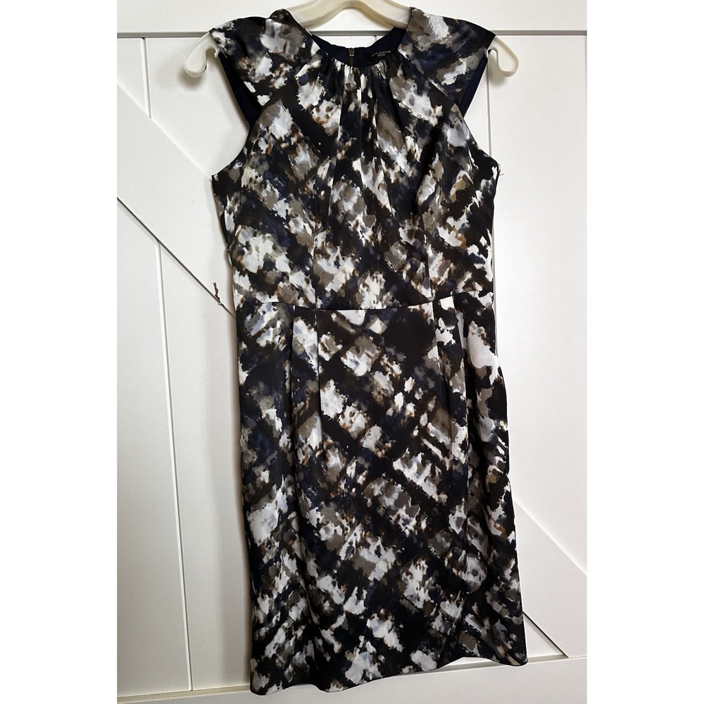 Ann Taylor Navy Blue & Brown‎ Abstract Print Dress Cap Sleeve Size O Petite